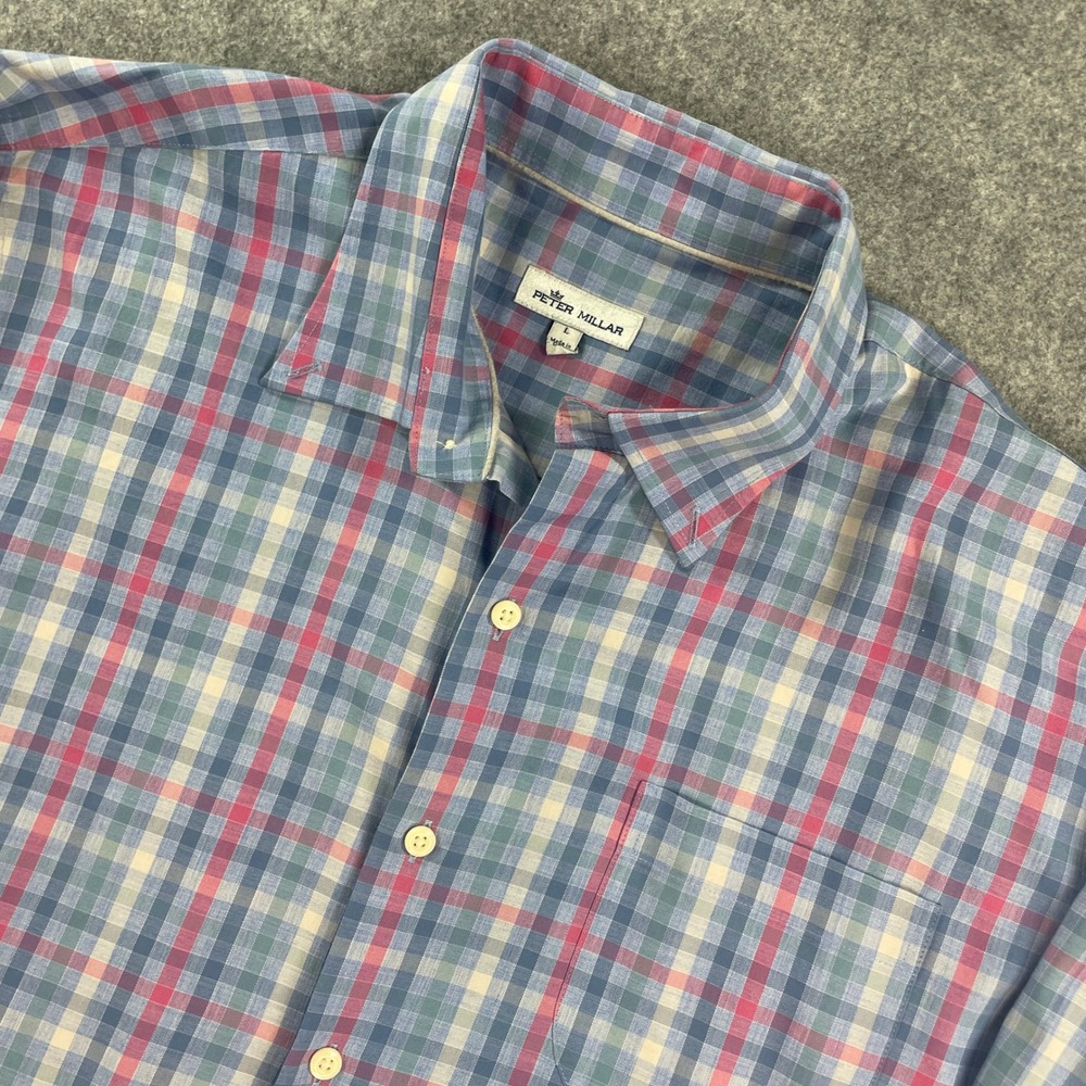 Peter Millar Mens Button Down Shirt L Blue, Pink, Green, White Plaid Long Sleeve
